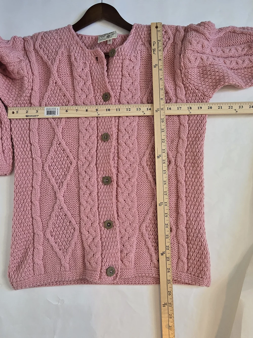 Vintage Connemara Knitwear Pink Cable Knit Wool Cardigan Sweater Ireland Size S
